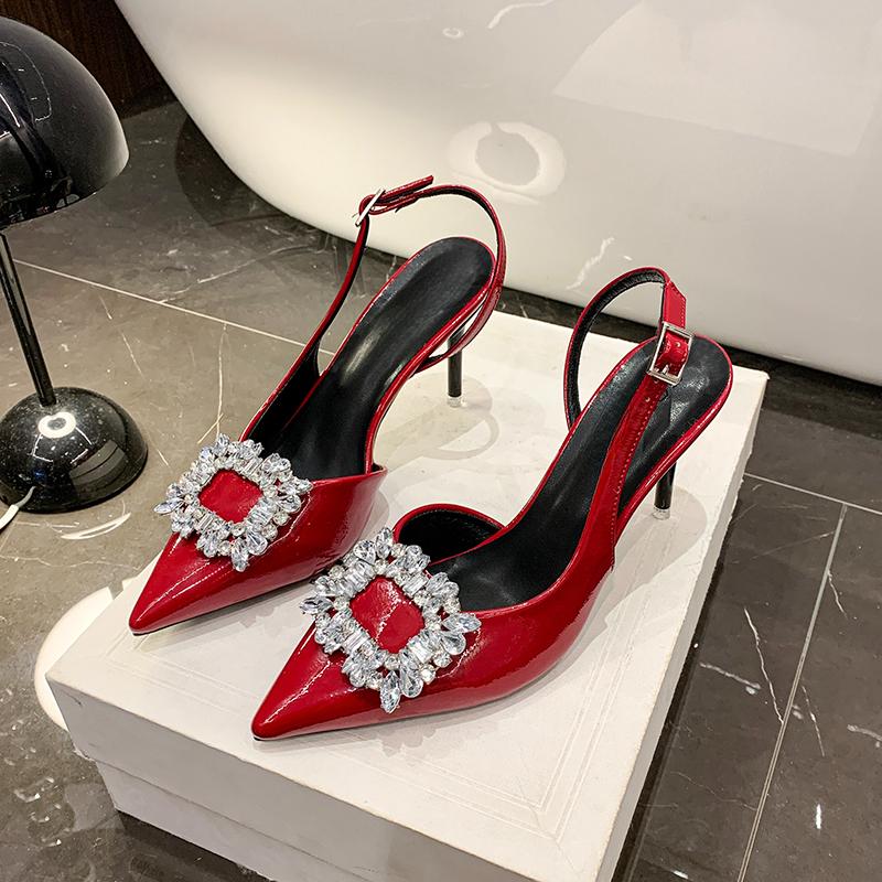 Fine Heel Sandals Summer New Pointed Head Shallow Mouth Crystal Buckle Anti-slip Wear-resistant High Heel Shoes
