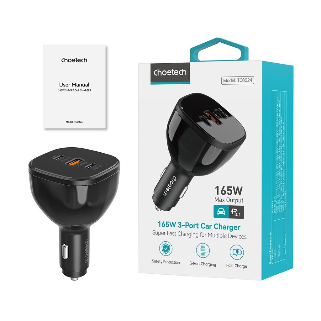 Ładowarka Choetech Tc0024 Samochodowa 160W 2X Usb-C Pd 3.1 1X Usb-A - Czarna