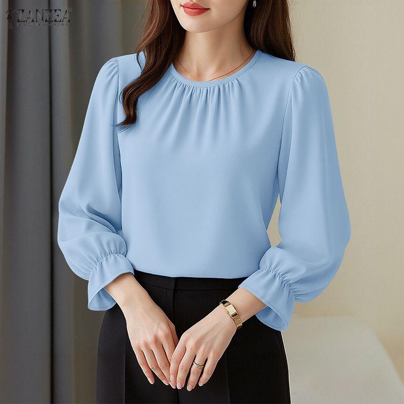 ZANZEA Women Casual Round Neck Loose Long Sleeve Plain Blouse