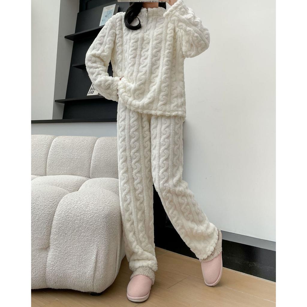 Fall Winter Women's Two Piece Set Thickened Warm Coral Velvet Pajamas Padded Ladies Casual Elastic Striped Comfortable Homewear
