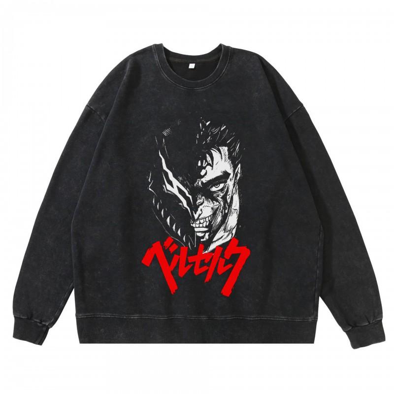 Heavyweight 360g Washed Vintage Berserk Anime Streetwear Cotton Pullover Hoodie Men