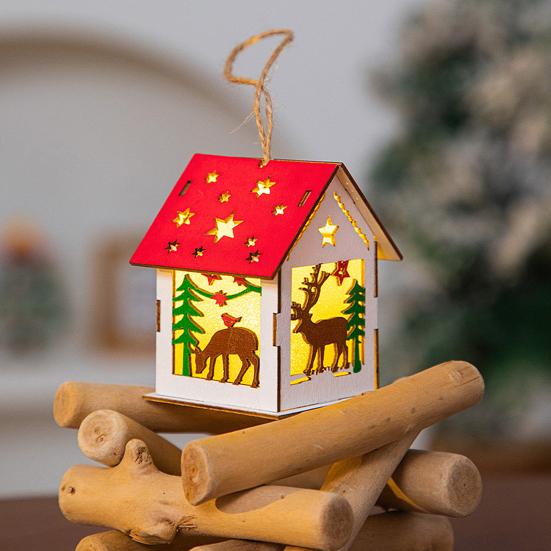 Wooden Christmas Decor with LED Light 3D Carved Hanging Wood Star/Village House/Bell/Gift Box Ornament for Xmas Tree Decor