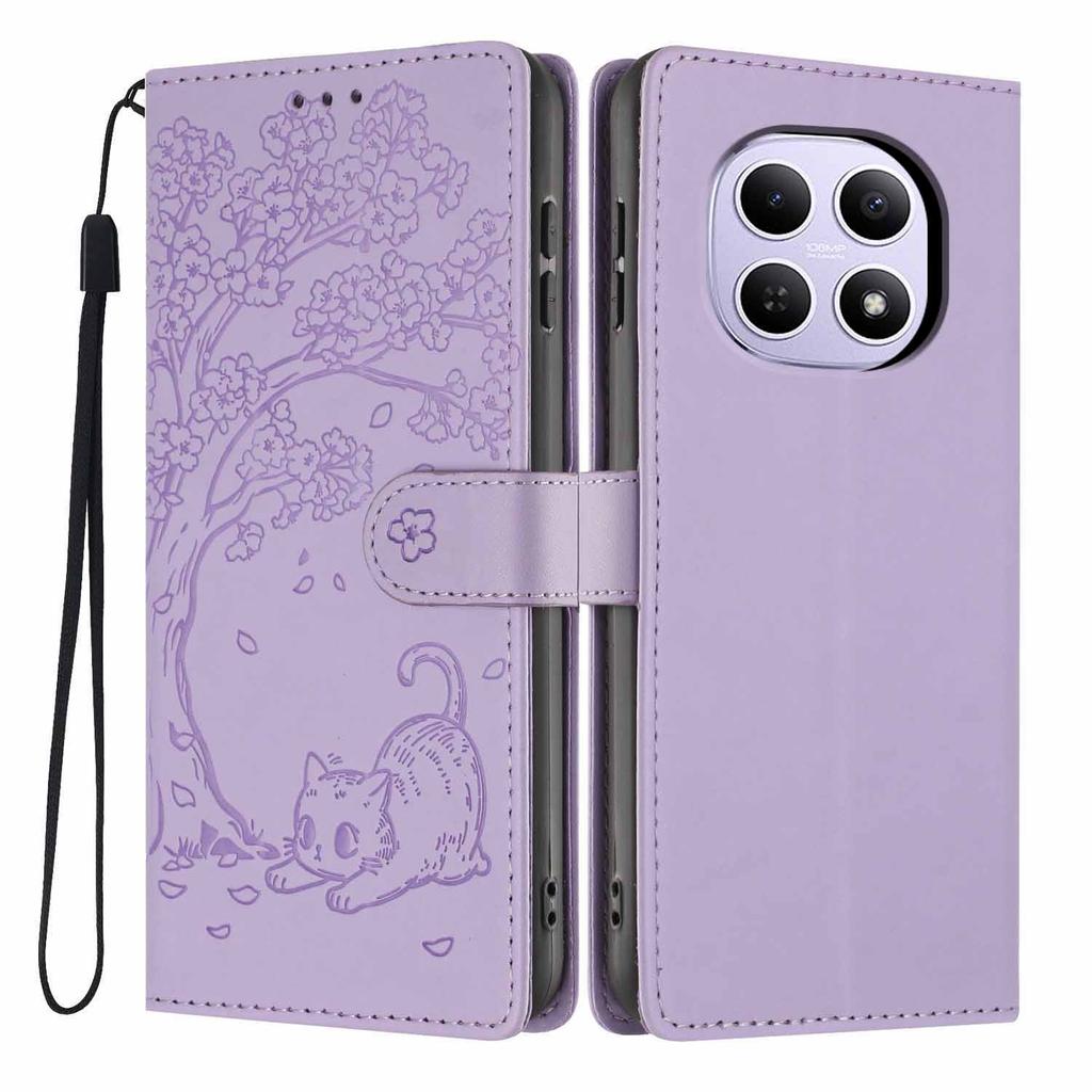 For Xiaomi Poco M8 5G/Redmi Note 15 5G (Global) Stand Case Tree-and-Cat Pattern PU Leather Wallet Protective Phone Cover with Wrist Strap
