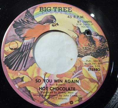7-дюймовая пластинка HOT CHOCOLATE - So You Win Again / A Part Of Being BT16096 Big Tree Record 1977 US Соул/Фанк Б/У