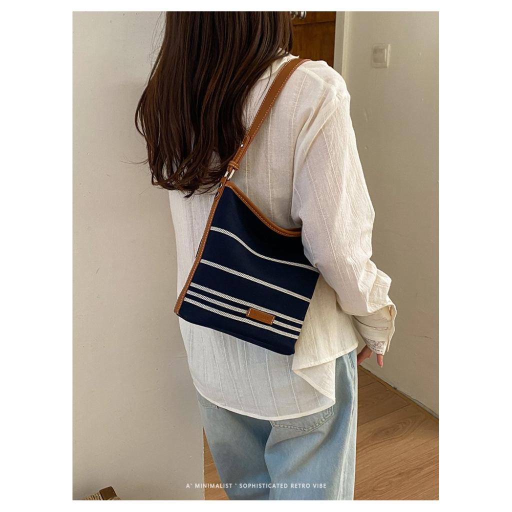 Shoulder Bag Women CanvasStriped Design Adjustable Strap Daily Commute