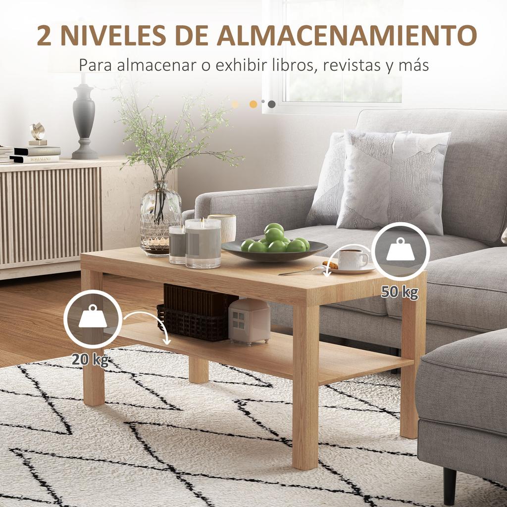 Coffee Table, Low Table, 2 Storage Shelves, 20 kg Load Capacity, 90 x 45 x 44.5 cm, Natural