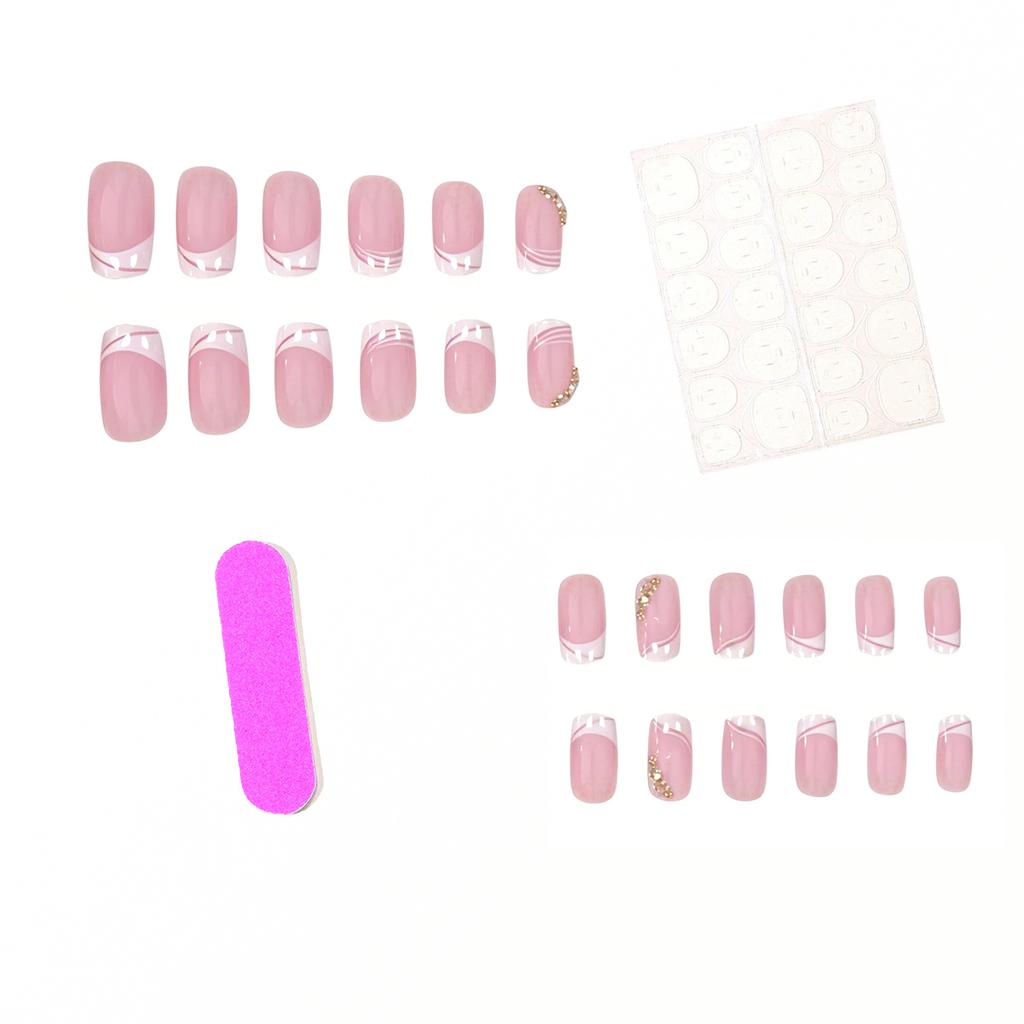 24 Nail Art French Minimalist Lines Diamond Gentle Temperament Medium and Long Square Wearing Nail Wholesale