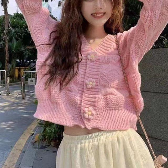 Женский кардиган в корейском стиле: Весна Осень Зима Верхняя одежда Свободный трикотаж Французский короткий топ