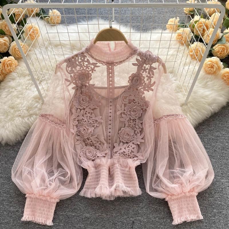 Elegant Floral Mesh Long Sleeve Short Blouse Sweet Women Lantern Sleeve Lace Shirts Ladies See Through Mesh Blouse Tops 25914