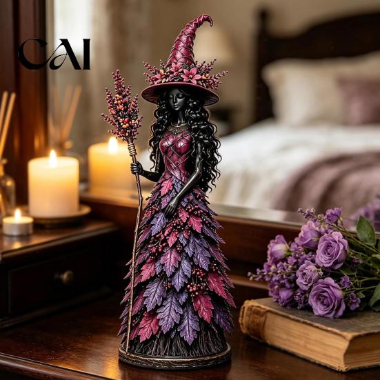 Bohemian Forest Theme Collectibles Seasonal Witch Figurine Ornament, Handcrafted Resin Statue for Halloween Thanksgiving Holiday Party Prop