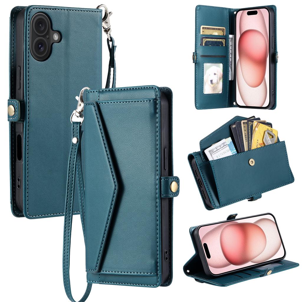 For iPhone 17 Leather Case with Wrist Strap Wallet Stand Phone Cover