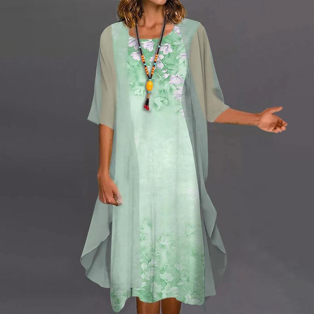 Женское повседневное модное платье с круглым вырезом средней длины и длиной из двух частей