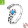 Vintage Sunflower Turquoise Open Ring, French Classical Engraved S925 Sterling Silver Ring