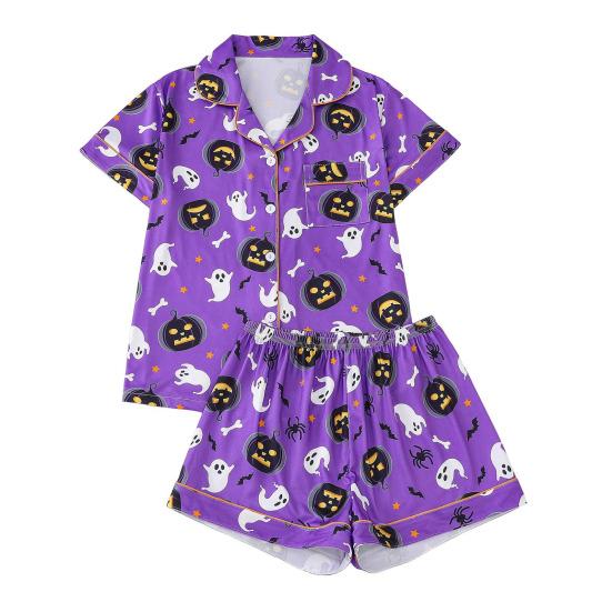 Комплект женской пижамы на Хэллоуин с принтом призрака и тыквы, рубашки с коротким рукавом на пуговицах и шорты, комплект одежды для сна из 2 предметов, домашняя одежда, короткий комплект пижамы