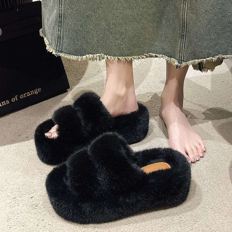 Fashion New Autumn and Winter Platform Thick Bottom Fluffy Slippers Women Wear Flat Warm Cotton Slippers P774