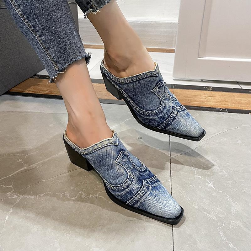 Women Pointed Toe Sandals British Style Luxury Outdoor Half Slippers Slip On Mules Femme Shoes Ladies Denim Chunky Heeled Slide