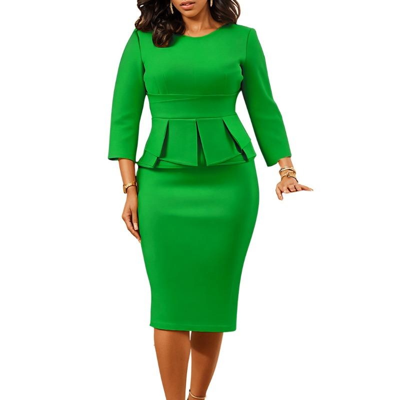 Women's Autumn Round Neck Ruffled Edge Solid Color Cover Buttock Dress