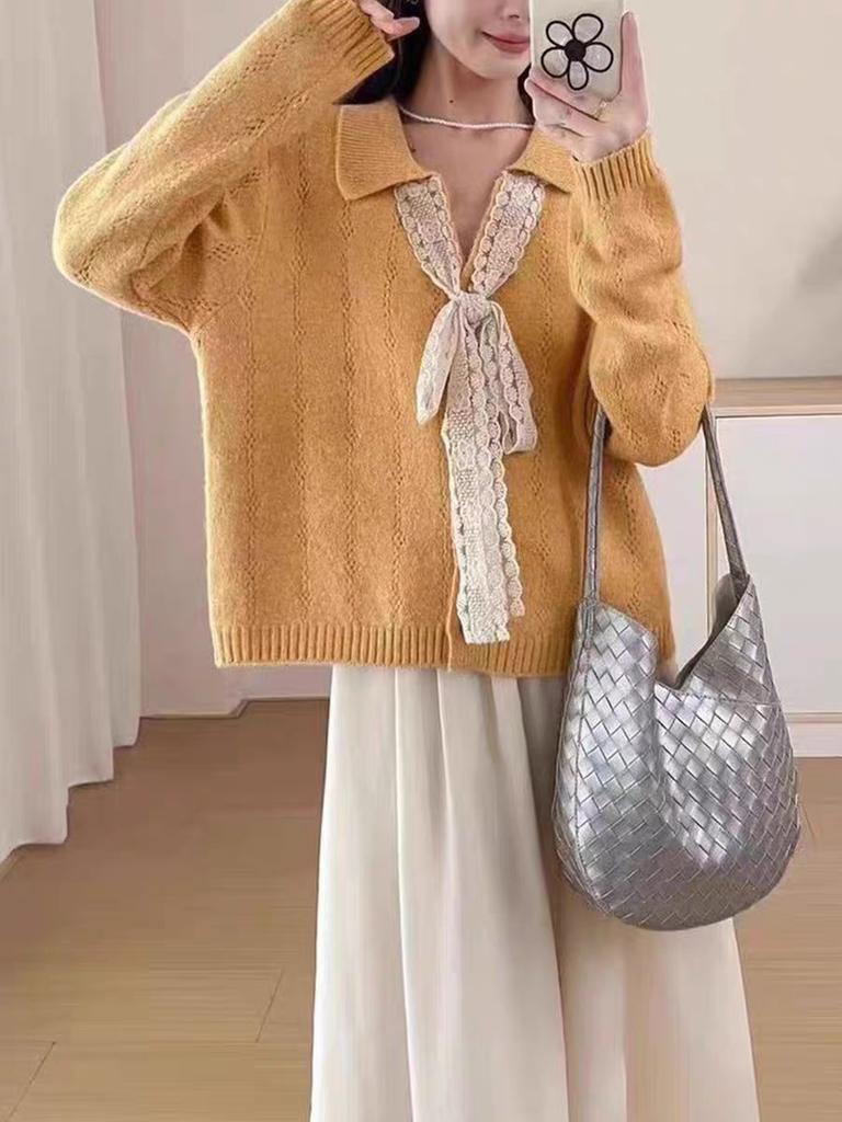 Кружевной кардиган с лацканами на шнуровке, вязаный топ, новый свободный ленивый свитер-жакет для женщин на осень и зиму