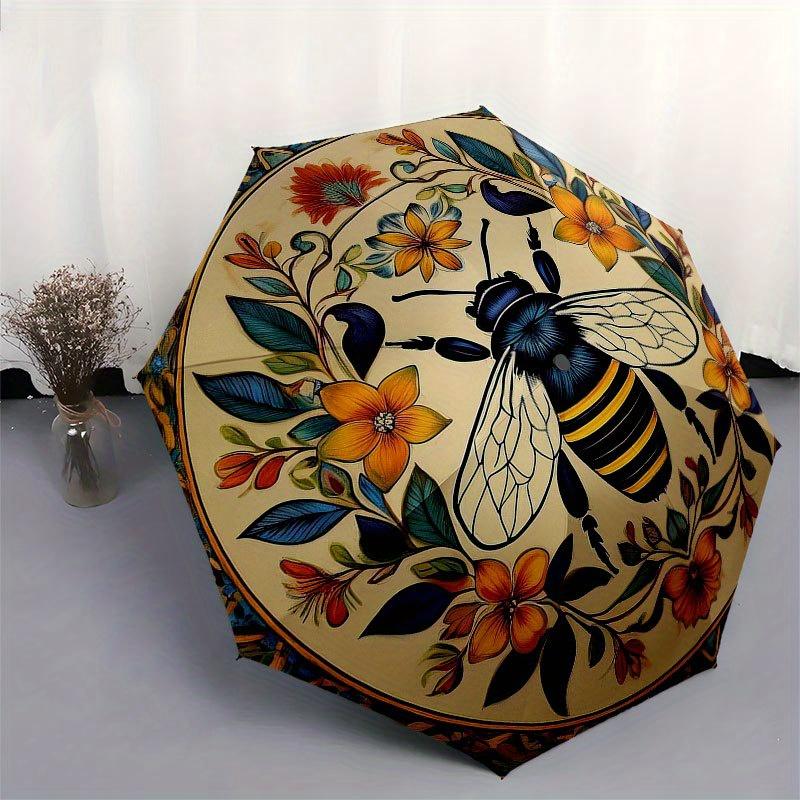 Colorful Bee and Floral Decorative PlateUmbrella with Cute Design, Portable 3-Fold Compact Umbrella for Men & Women, Valentine's Day Mother's Day Hall