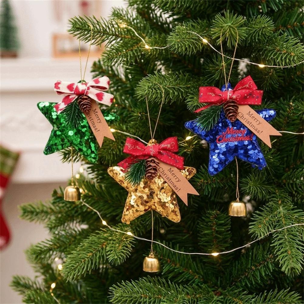 Multi‑Color Star Christmas Ornament Sequins Decorative Sequin Star Hanging Pendant with Bow Pine Cone Bell