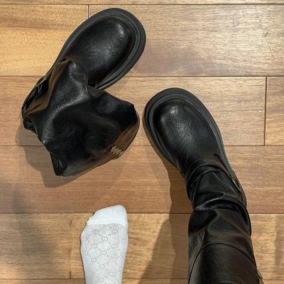 Черные сапоги на толстом каблуке и платформе в ретро-британском стиле для женщин, новинка сезона весна-осень 2025 года, увеличивающие рост, и тонкие рыцарские сапоги