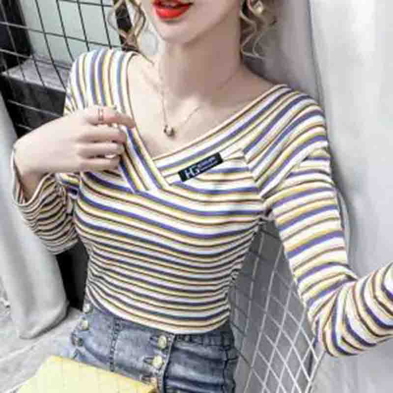 Женская футболка с v-образным вырезом и длинными рукавами, весенне-осенняя полосатая тонкая сетка для похудения, красный топ Super Fire