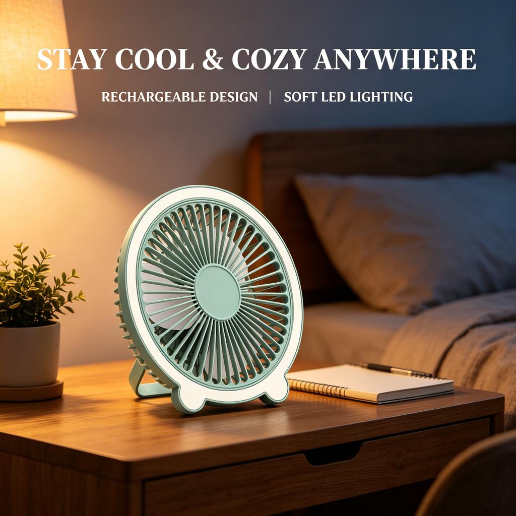 Mini ventilador de escritorio portátil recargable con luz LED diseño de dibujos animados para dormitorio