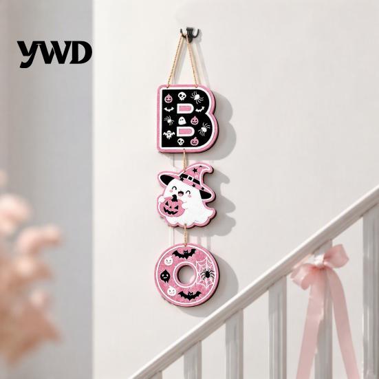 Durable Wood Hanging Sign 3Pcs Cute Halloween BOO Wooden Door Hanger, Ghost Black Cat Vertical Letter Spooky Room Decor Sign, Wall for Front