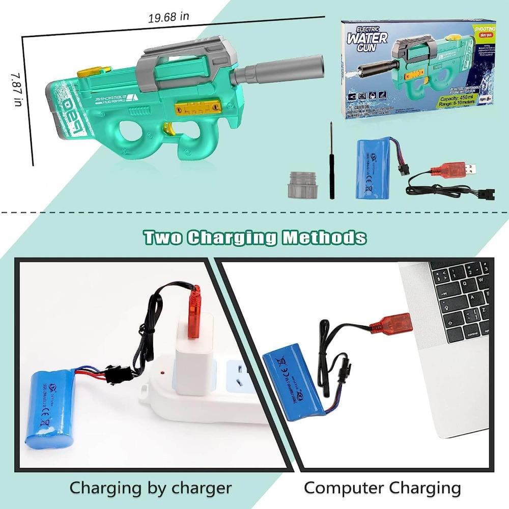 Высокая скорострельность Мощный водяной пистолет P90 с дальностью стрельбы 33 фута, емкостью 450 куб.см