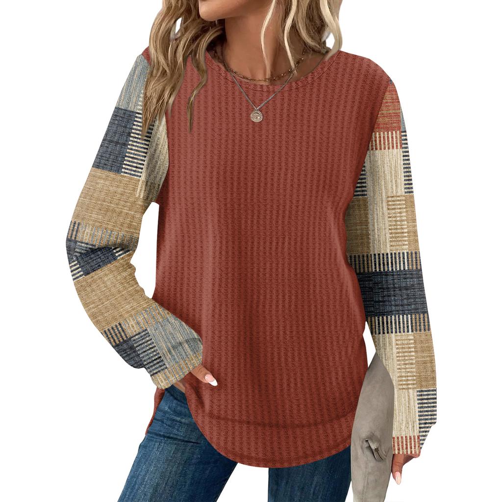 Женский повседневный топ свободного кроя с круглым вырезом и длинными рукавами в клетку