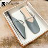 Fashion Patchwork Leather Shoes Woman Haze Blue Mules Glitter String Belt Slippers Home Femme Slides Closed Square Toe Flat Sandals