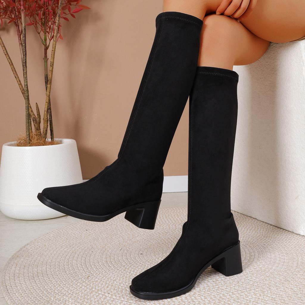 Autumn and Winter Knee Boots Women's Thick Heel High Boots Autumn New Elastic Thin Boots Medium Heel Women's Boots