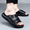 Mens Genuine Leather Slide Sandals Outdoor Slip-On Flat Shoes With Non-Slip Sole