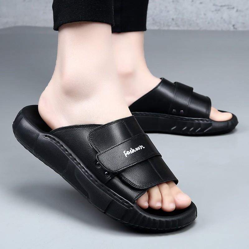 Mens Genuine Leather Slide Sandals Outdoor Slip-On Flat Shoes With Non-Slip Sole