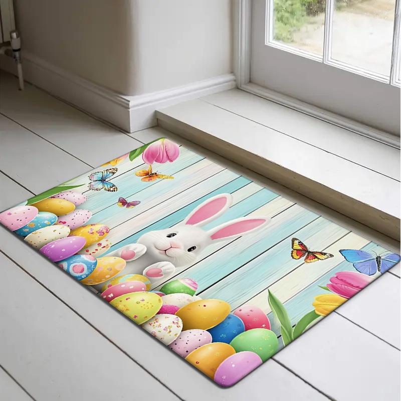 Easter Bunny and Egg Decorative Mat - 0.47inch Thick Flannel, Absorbent Non-Slip Floor Mat with Spring Butterfly Theme, Machine