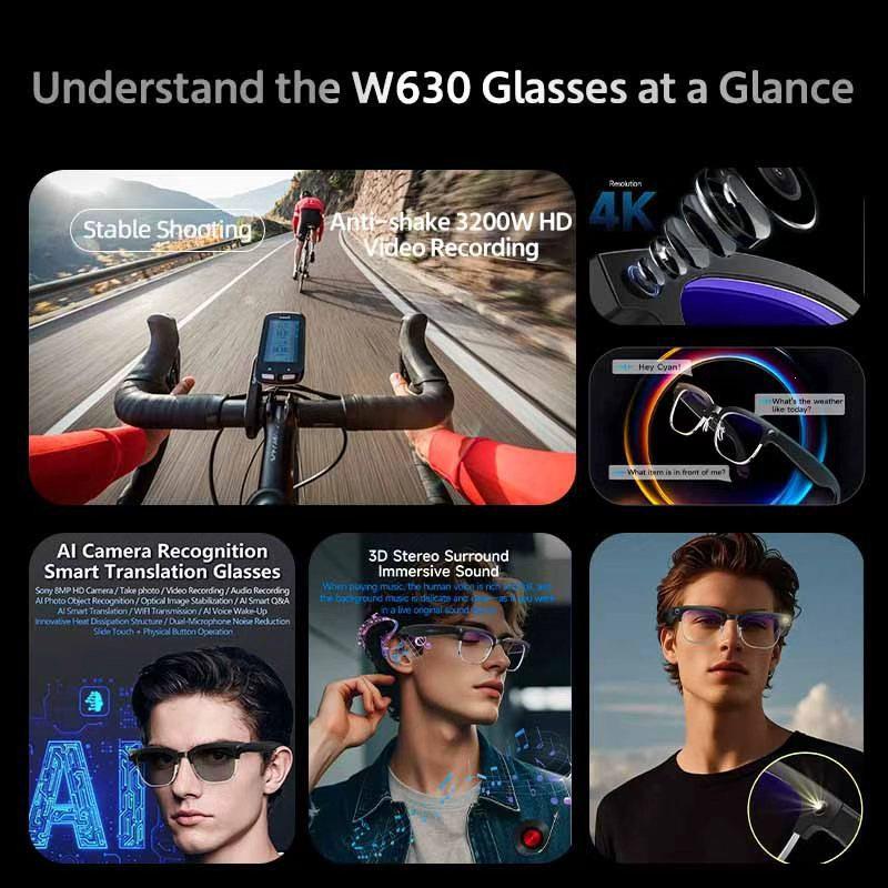 Cross-Border W630 Smart Glasses: 8MP AI Camera, Dual Mic Noise Reduction, HD Sound