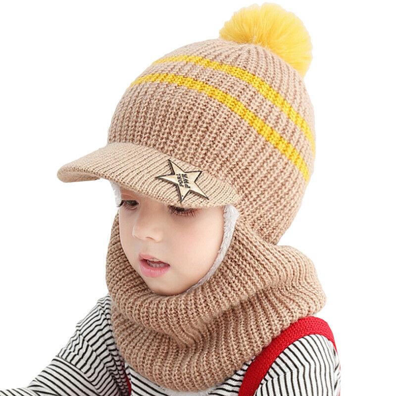 Toddler Kid Winter Hat+Scarf Set Boys Girls Warm Knitted Fleece Beanie Cap Scarf
