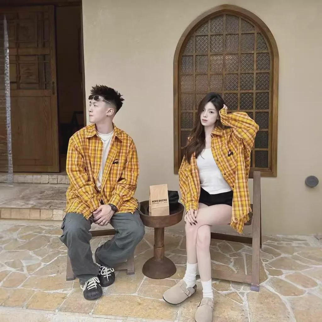 2024 Унисекс Американская ретро желтая клетчатая рубашка куртка: Уникальный весенне-летний топ для пар