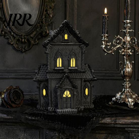 Gothic Home Decor Accessories Lighted Halloween Village House Statue with LED Light, Black Spooky Figurine for Tabletop Holiday Inspired Interior