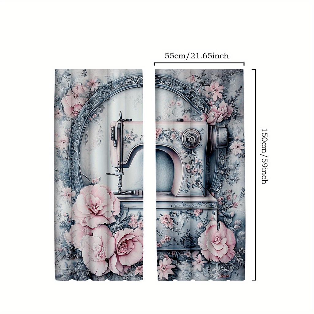 2pcs Vintage Sewing Machine Blackout Curtains Colorful Floral Print Rustic Rod Pocket Drapes for Bedroom & Living Room Semi-T