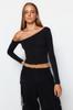 Women's Fashion New Blouse Black One Shoulder Cotton Stretchy Fitted Bodycon Crop Knitted Blouse