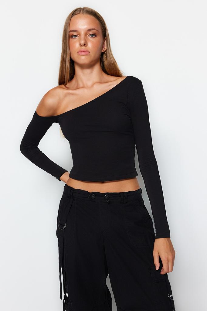 Women's Fashion New Blouse Black One Shoulder Cotton Stretchy Fitted Bodycon Crop Knitted Blouse