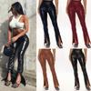 Women Fashion Leather Trouser Slit Flare Pants Black High Waist Skinny Casual Vintage PU Leather Pants Lady