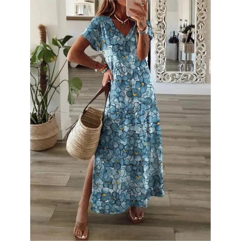 Summer Extra Long Dress Casual V-Neck Long Sleeve Bohemian Peacock Print Floral Dress