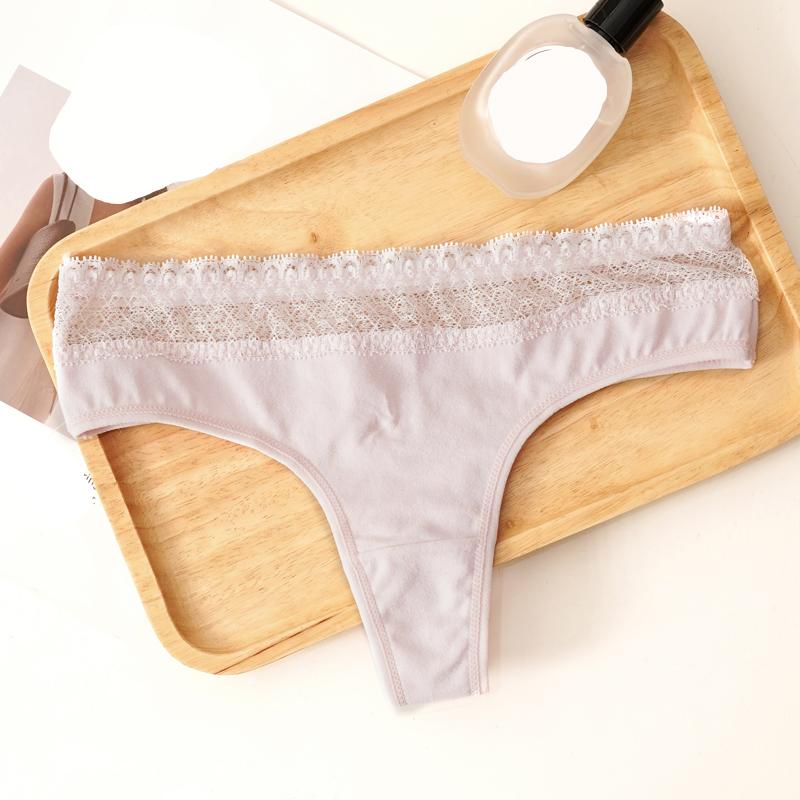 Sexy Women's Cotton Thong Low-Waist Lace Trim G-String Soft Breathable Snug-Fit Panties