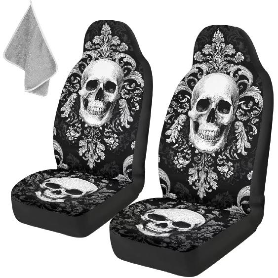 Gothic Skull Car Seat Covers Highback Bucket Seat Cover Universal Front Bucket Seat Cover,2pcs Universal Fit, Halloween Bat Auto Accessories