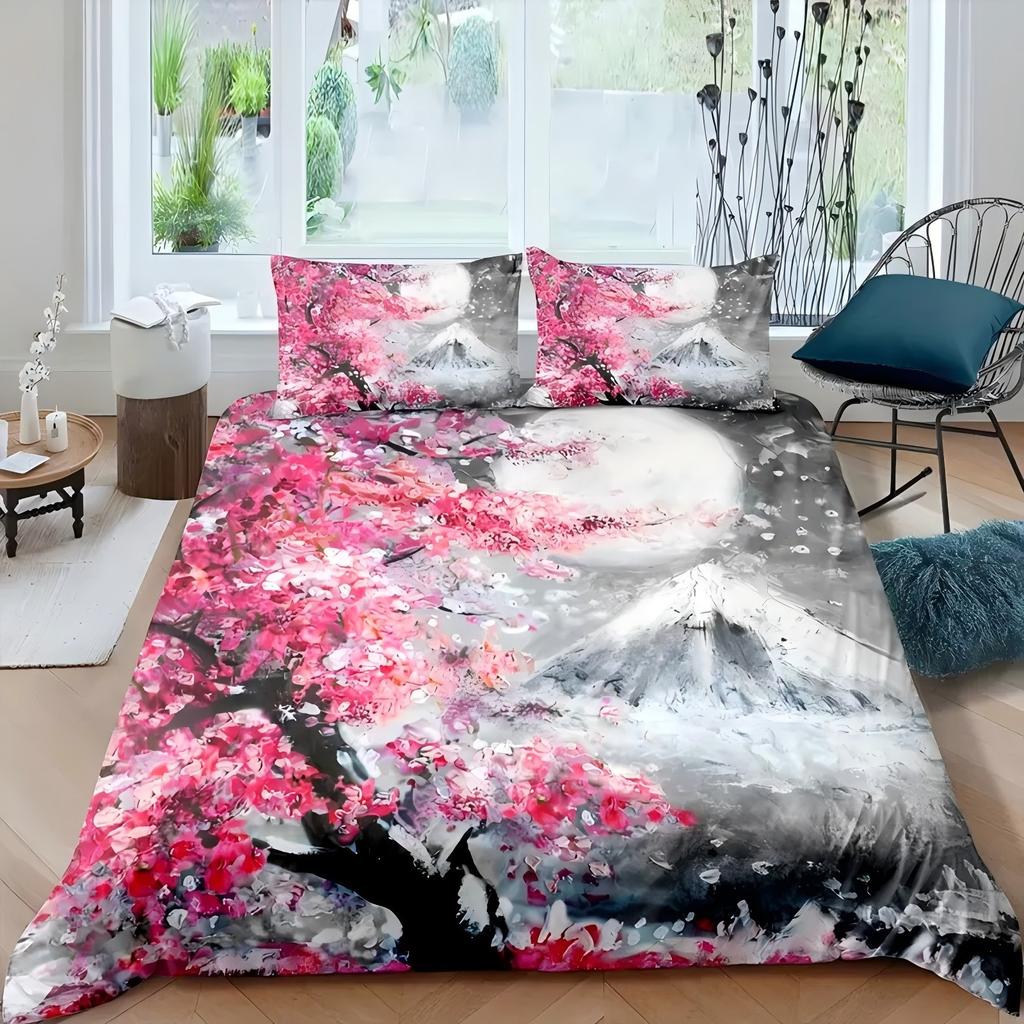 Comforter Cherry Tree Mountain Oil Painting Snow Scene Print Japan Minimalist Style Home Textiles Soft S