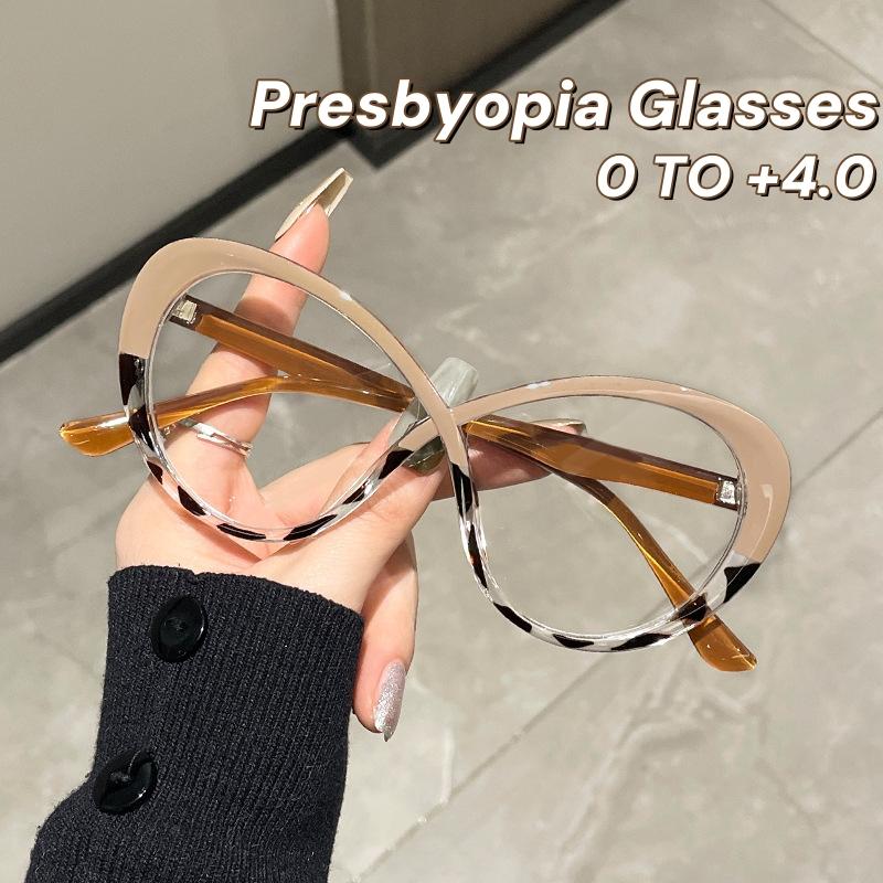 New Ultra Light Cat Eye Reading Glasses Women's Trendy Color Blocked Presbyopia Glasses Anti-Blue Light Clear Lens Eyeglasses