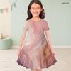 Girls Round Neck Short Sleeve A Line Dress Green Beige Gold Leaf Printed Flared Hem