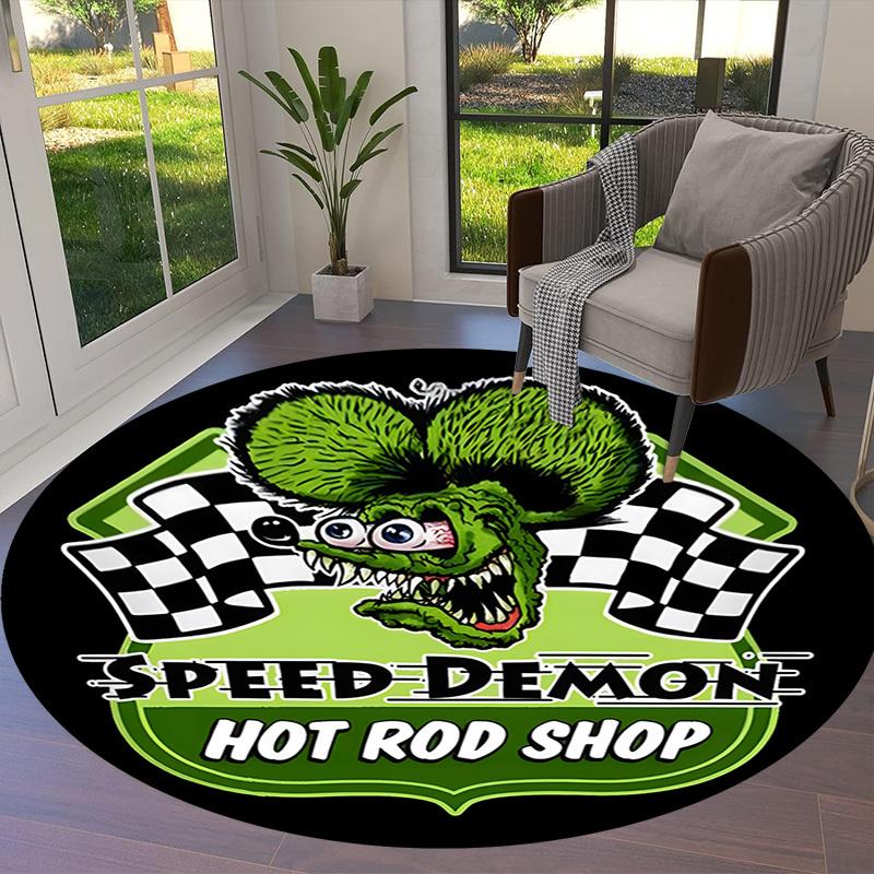 1 шт. Круглый ковер с логотипом Speed Demon Hot Rod Shop, Изготовлен из полиэстера, Идеально подходит для украшения офисных кресел, гостиных
